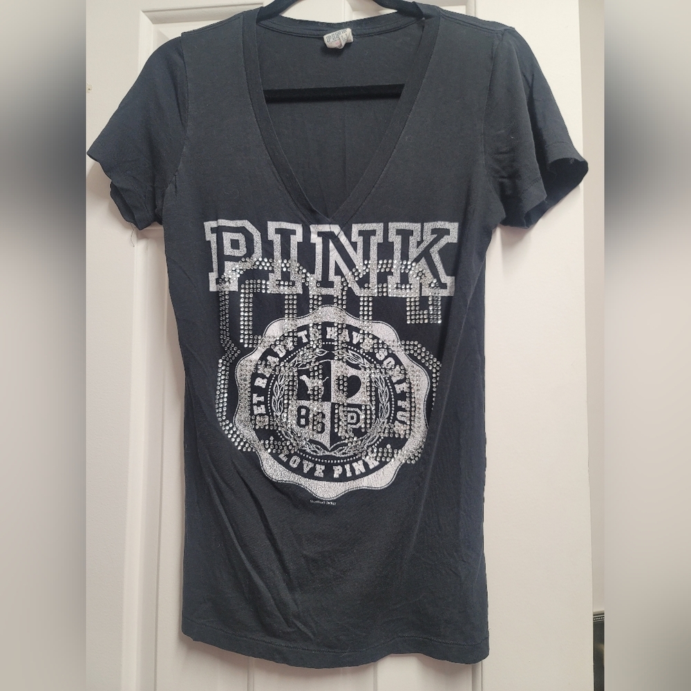 PINK Black Slub T-shirt with bling - M